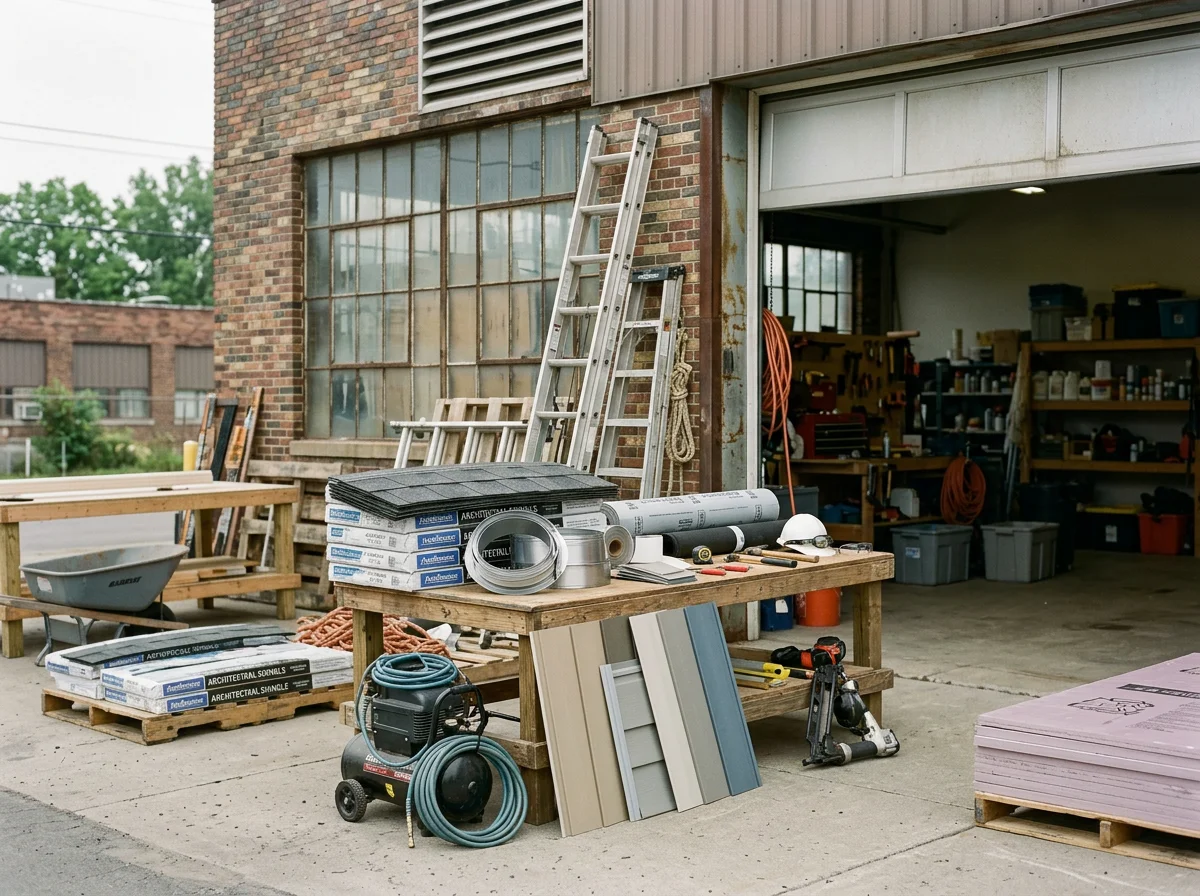 Professional renovation workspace with tools and materials organized for residential and commercial projects.