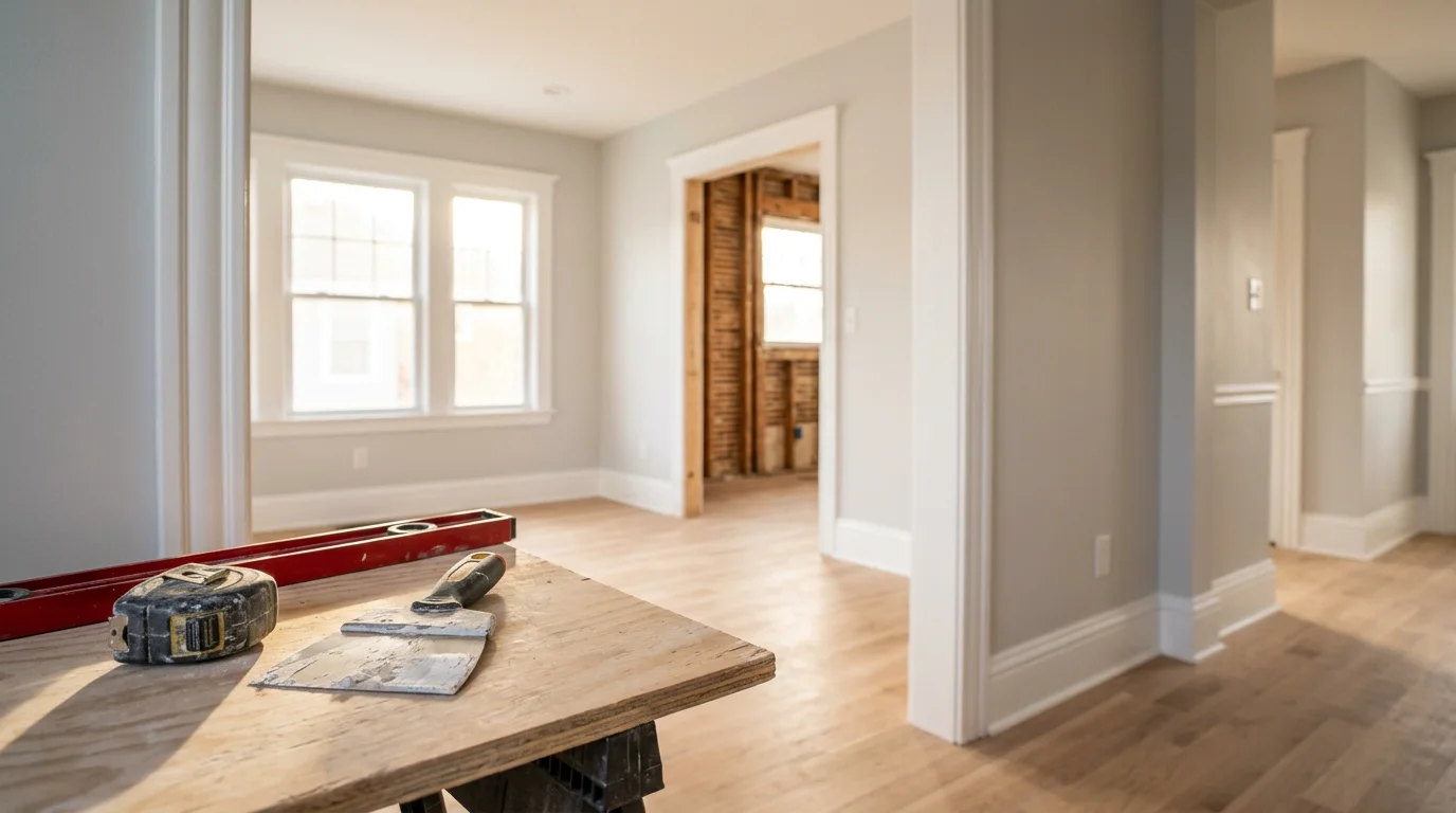 Interior construction site showing framing and drywall work in a Rochester home renovation