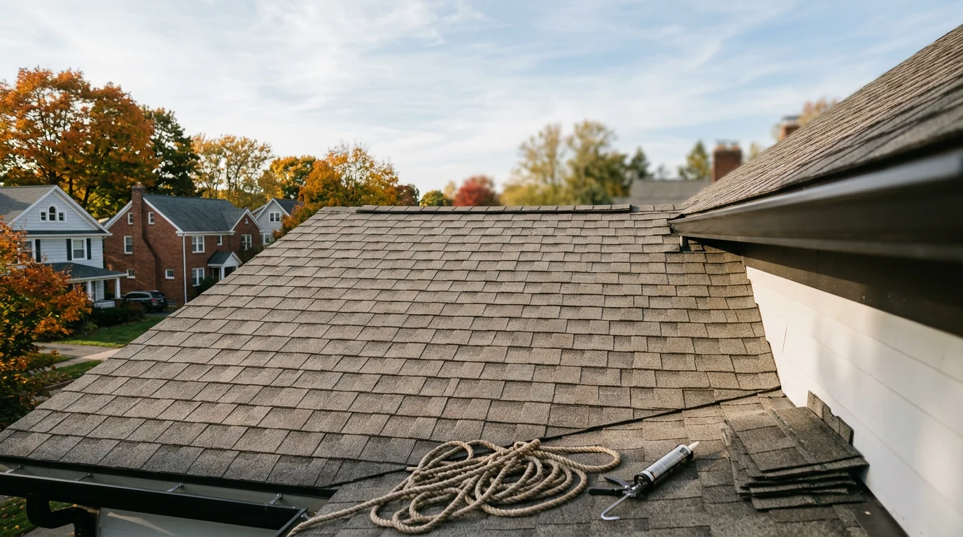 Professional roofer installing shingles on a residential roof in Rochester, NY