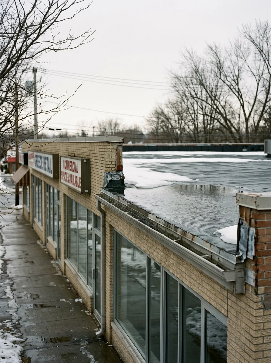 A flat-roofed commercial building along a Greece, NY retail corridor with visible ponding water on the membrane surface after a winter snow melt event.