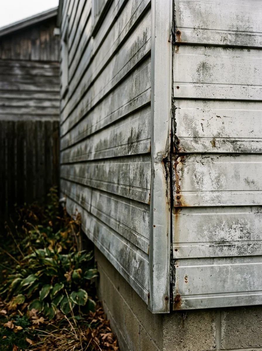 Close-up of aging aluminum siding on a mid-century Irondequoit ranch home with visible oxidation and gaps at the corner trim typical of post-war exterior cladding.
