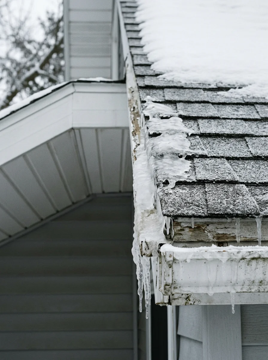 Close-up of a Monroe County home's roofline showing asphalt shingles and aluminum gutters with visible ice dam damage along the eave edge.