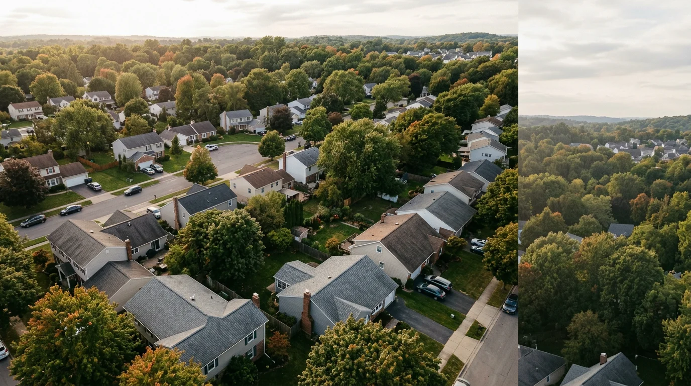 Aerial view of a Monroe County, NY residential neighborhood showing a mix of sloped asphalt shingle roofs and mature tree canopy in a western New York suburb.