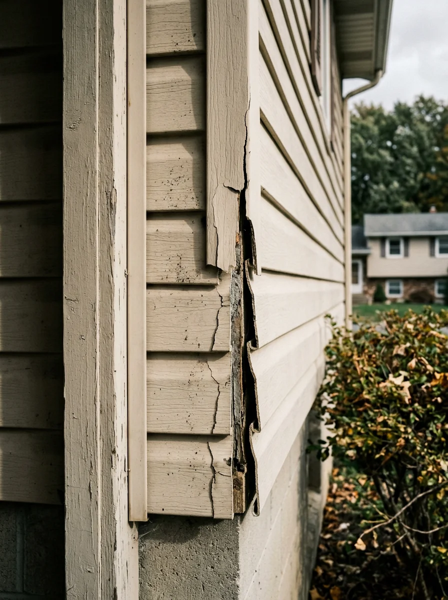 Close-up of aging builder-grade vinyl siding on a Penfield, NY home showing cracking and gaps at corner trim typical of 1970s-1980s exterior cladding past its service life.