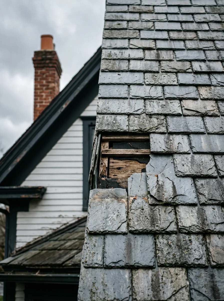 Close-up of a slate roof on a Pittsford, NY home showing individual slate tiles with a mix of intact and cracked pieces requiring targeted repair.