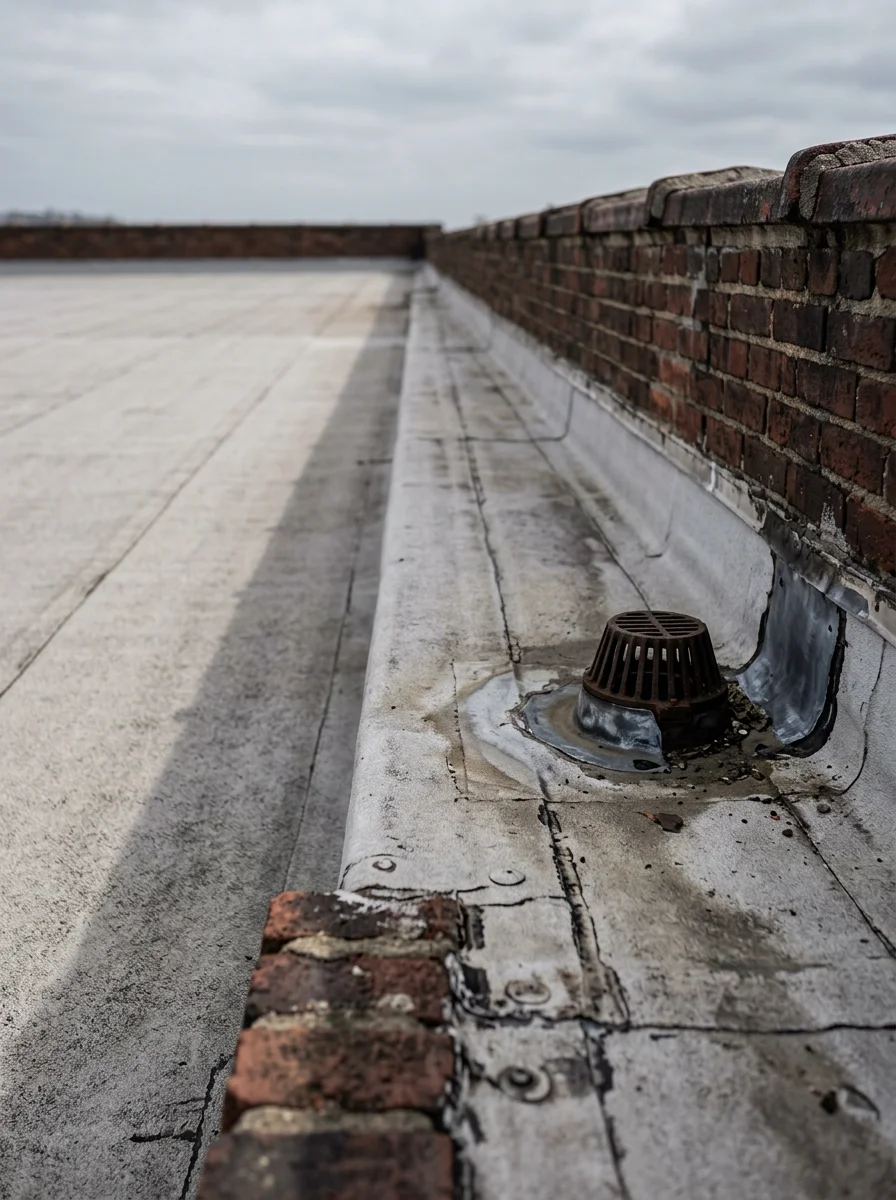 Close-up of a flat commercial rooftop in Rochester, NY showing a low-slope membrane roof with drain and parapet wall typical of the city's older commercial corridor buildings.