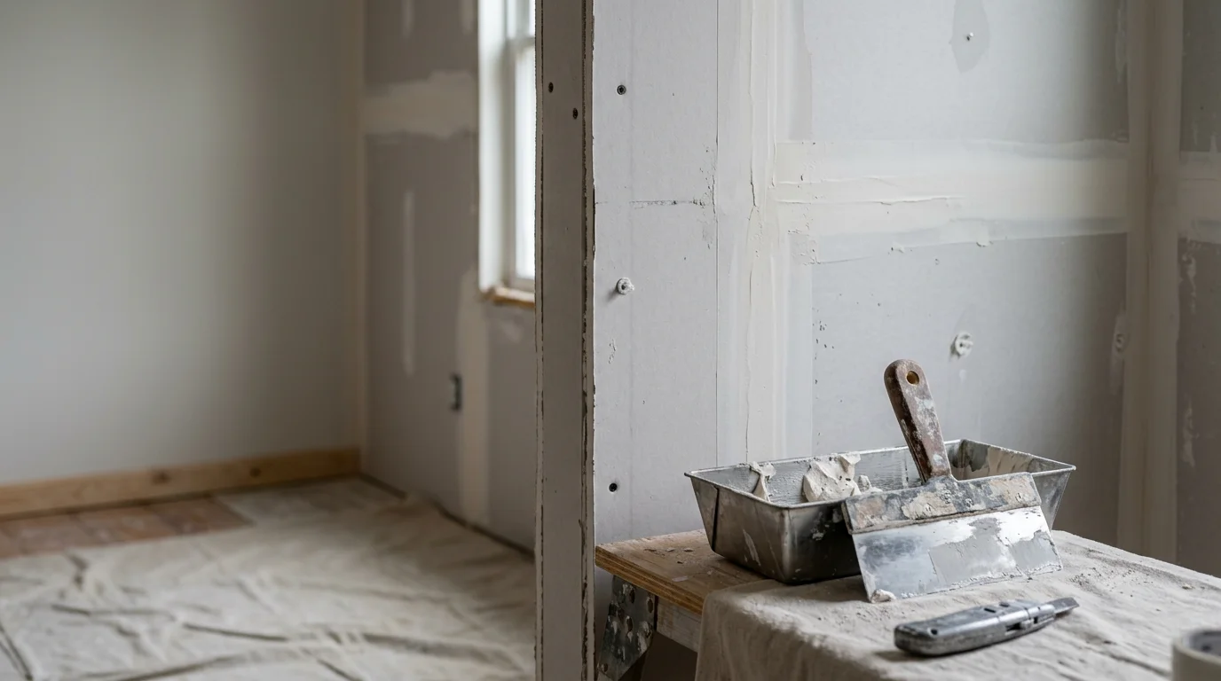 A freshly installed and taped drywall ceiling and walls in a residential room in Monroe County, NY, with smooth mud coats applied and surfaces ready for paint. A general contractor reviews the finished installation in a home renovation setting.