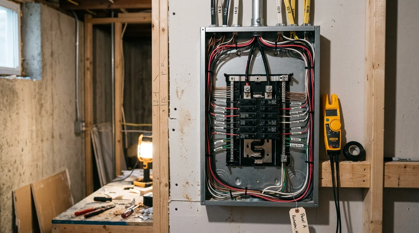 A contractor performing electrical outlet and wiring work inside a residential home in Monroe County, New York. The room shows renovation in progress with exposed wall areas and new wiring being installed.