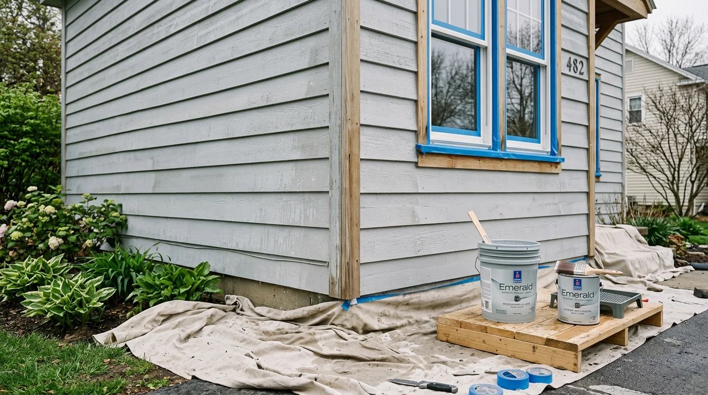 A freshly painted two-story home exterior in Monroe County, New York, showing clean siding and bright trim work. The repainted facade reflects the kind of detail-focused exterior painting work Bazinet Renovations LLC provides across the Rochester area.
