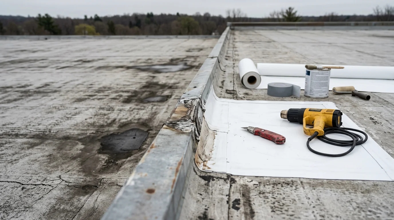A flat roof on a residential property in Monroe County, NY showing a completed membrane repair with sealed seams and cleared drainage area. Close-up view of the repaired surface against a typical Western New York sky.