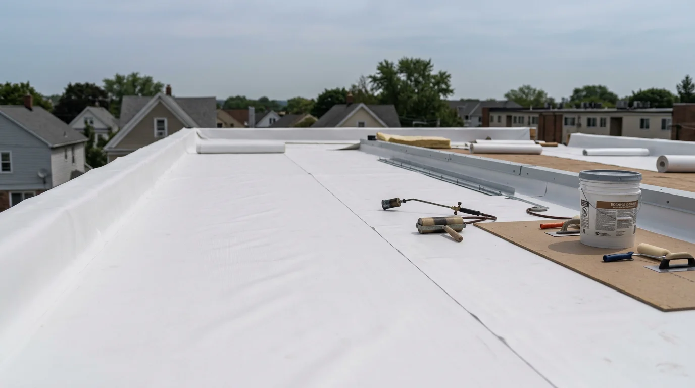 A completed flat roof replacement on a residential property in Monroe County, New York, showing a clean, fully sealed membrane surface with properly finished edge flashing. The surrounding neighborhood rooftops and mature trees typical of the Rochester area are visible in the background.