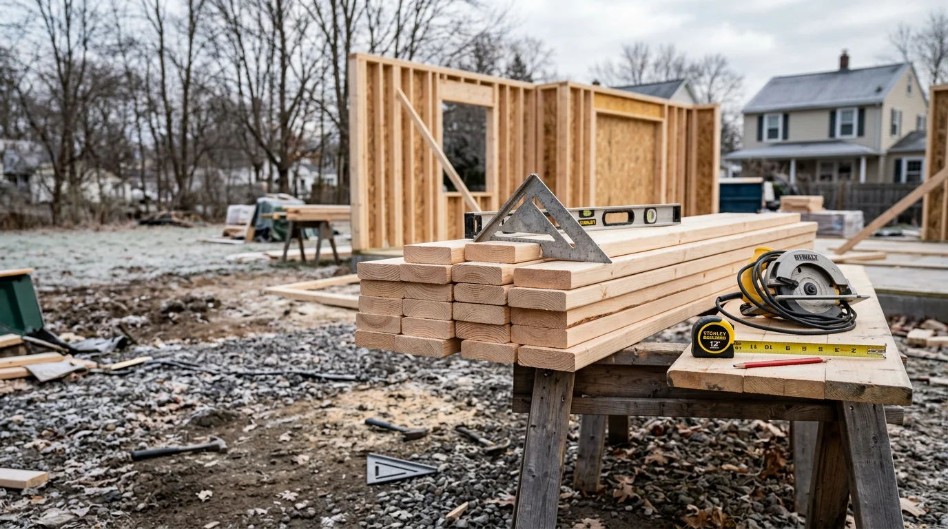Wood framing in progress on a residential home addition in Monroe County, New York, showing floor joists, wall studs, and an open structural frame before drywall installation.