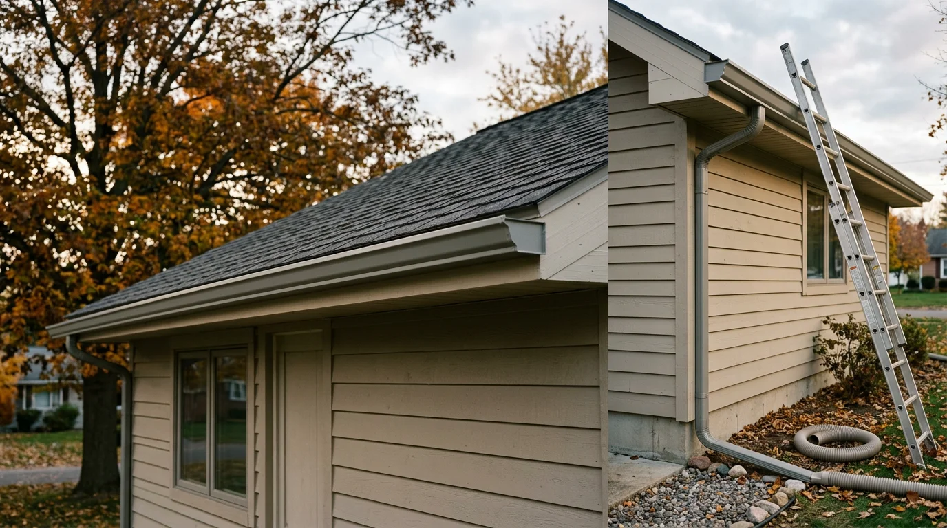 Freshly installed gutters on a two-story residential home in Monroe County, New York, with downspouts positioned along the corners of the house and roofline visible against a clear sky.