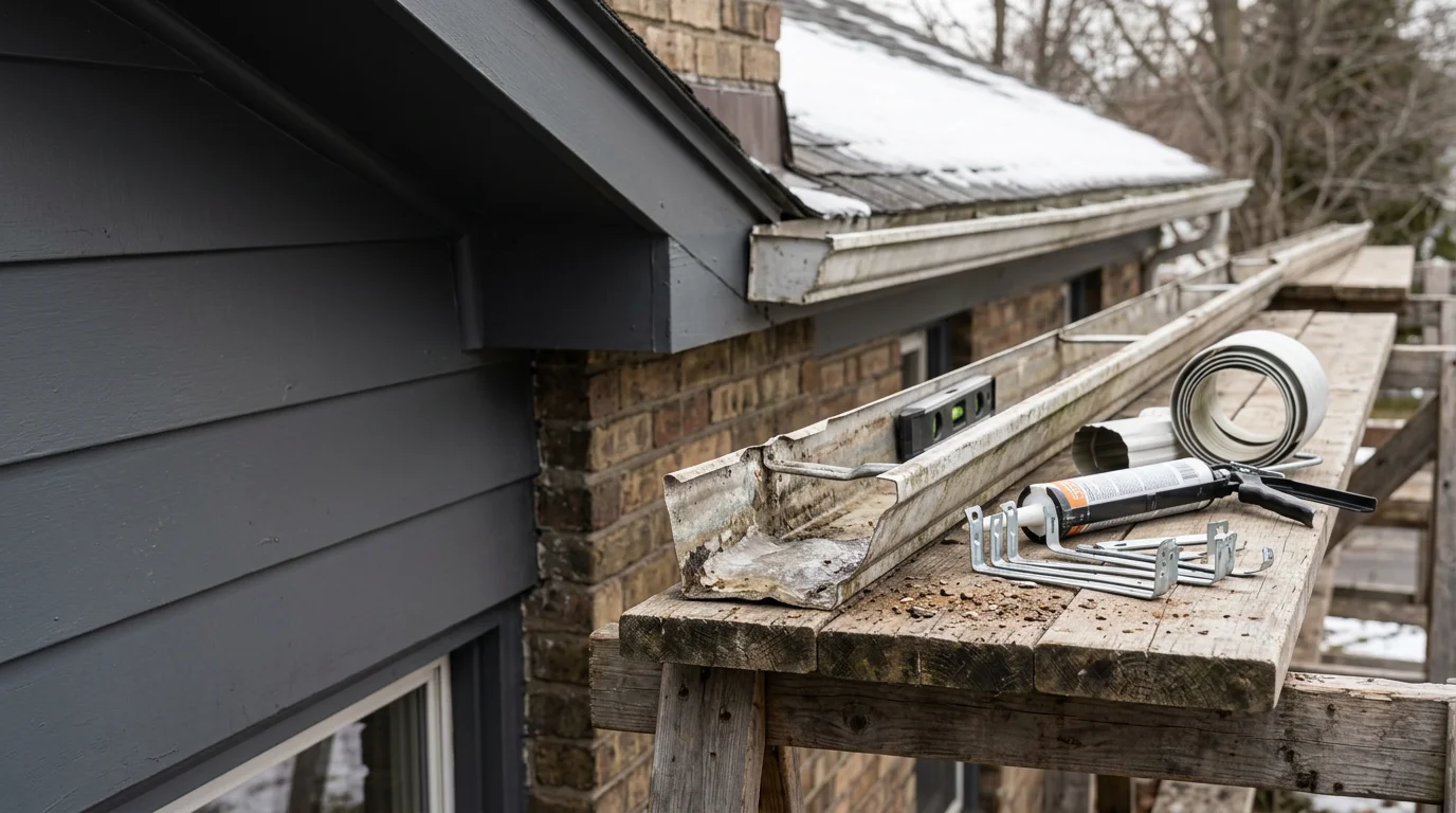 A repaired residential gutter running along the roofline of a Monroe County home, with a securely fastened hanger and clean downspout directing water away from the foundation. The surrounding yard shows typical upstate New York deciduous trees common across communities like Pittsford and Penfield.