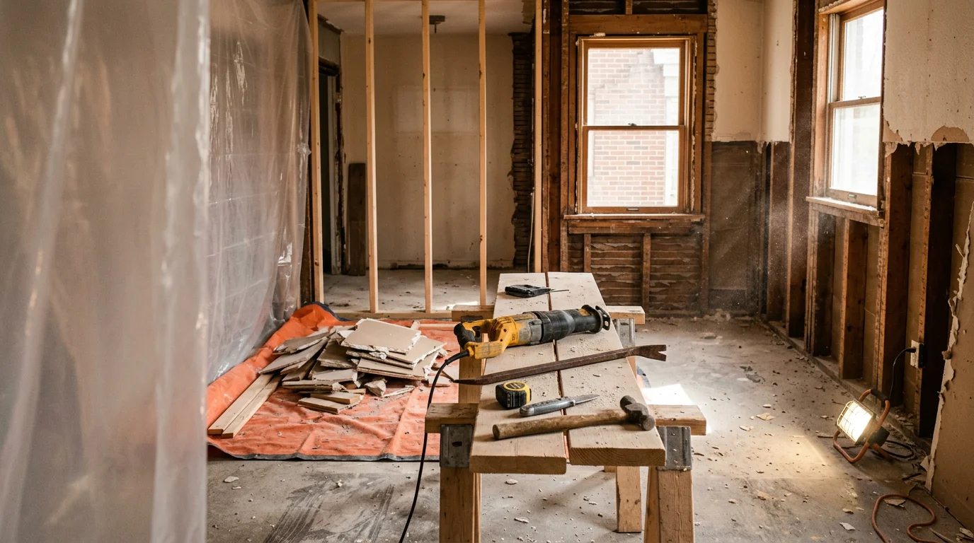 Interior demolition in progress inside a Monroe County home, with drywall and flooring removed down to the framing. The space is cleared and ready for renovation work to begin.