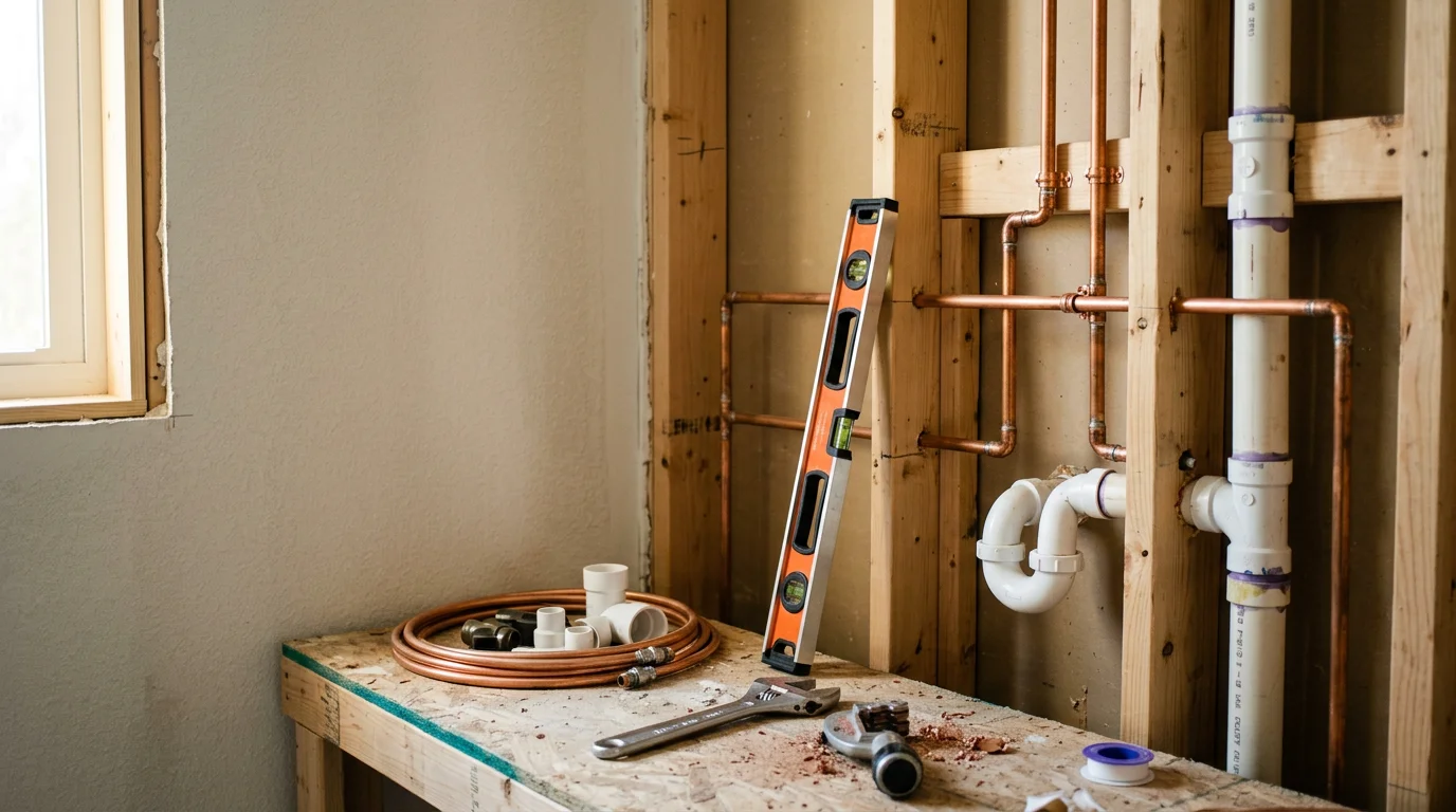 A renovated bathroom in a Monroe County home showing new plumbing fixtures, a replaced sink, and updated supply lines. Work completed as part of a full bathroom remodel by Bazinet Renovations LLC.