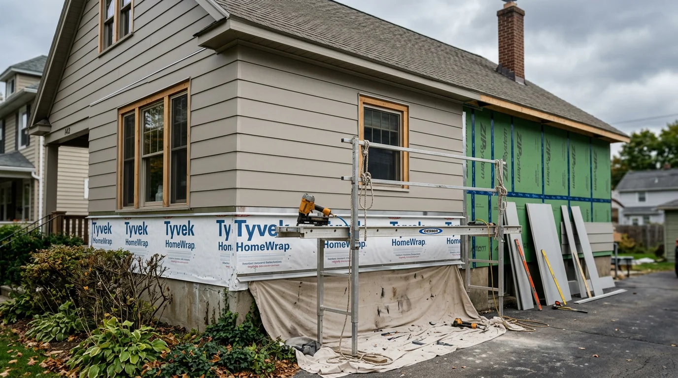 Newly installed siding on a single-family home in Monroe County, New York, showing clean panel alignment and finished trim details along the exterior walls.