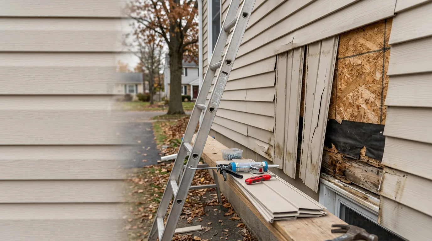 Close-up view of repaired exterior siding panels on a residential home in Monroe County, New York. Cracked and warped sections have been replaced and secured, restoring a clean, weather-tight exterior.