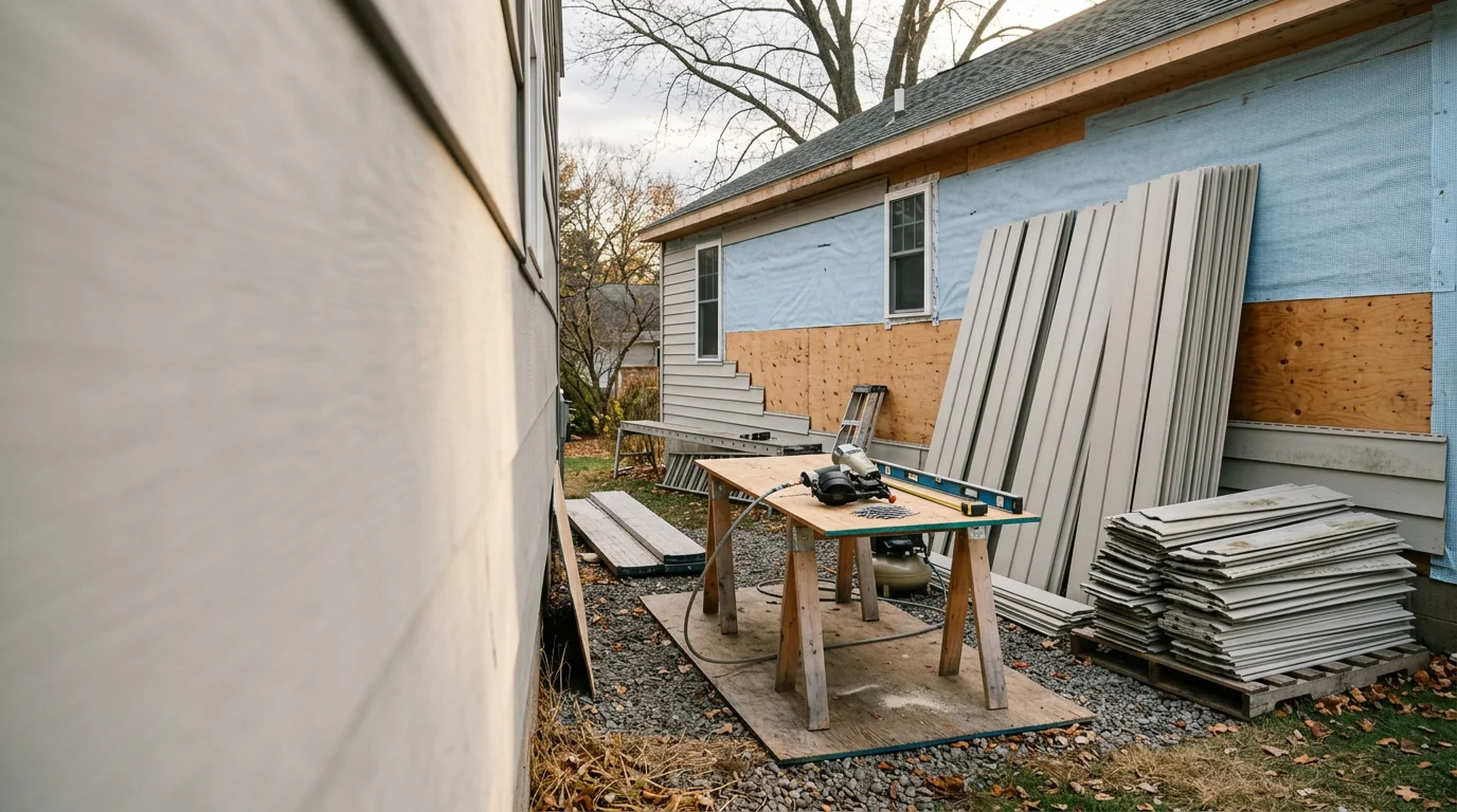 Freshly replaced siding on a single-family home in Monroe County, New York, showing clean panel lines and a tight exterior finish. The completed siding replacement is viewed from the front of the house against a typical upstate New York residential streetscape.