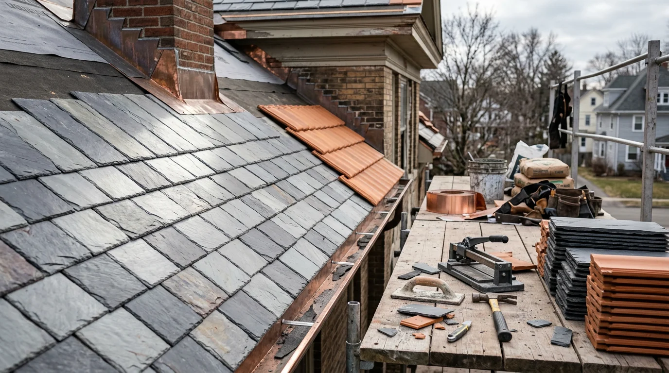 A steep residential roof with natural slate tiles installed on a two-story home in Monroe County, New York. Close detail shows tight tile alignment, metal flashing at the ridge, and snow guards positioned above the eave line.