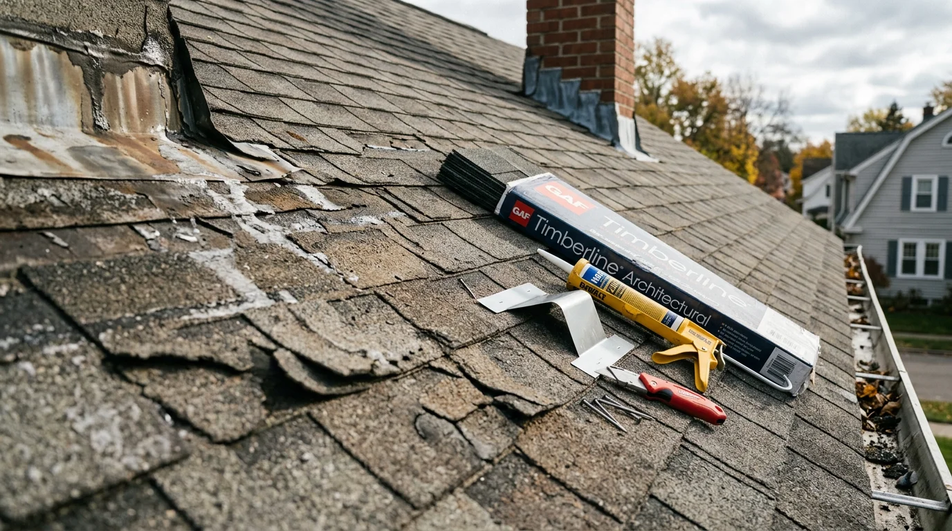 A repaired sloped residential roof in Monroe County, New York, showing replaced shingles and resealed flashing around a chimney. The home sits in a typical Rochester-area neighborhood with visible tree cover and a pitched roof line.