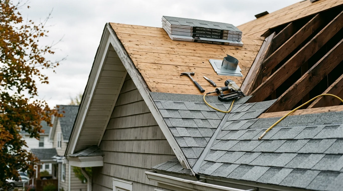A completed sloped roof replacement on a residential home in Monroe County, New York, showing a full new roofing system installed across multiple pitches. The surrounding neighborhood reflects a typical Upstate New York residential setting.