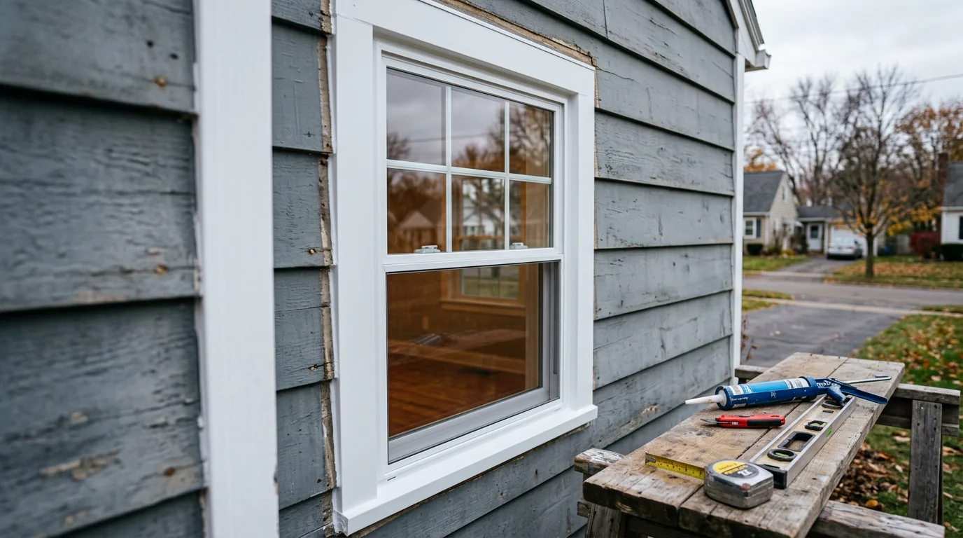 A freshly installed double-hung window on the exterior of a residential home in Monroe County, New York, with clean caulking and a tight frame seal visible against the siding.